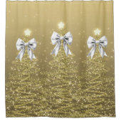 Christmas Sparkling Trees Gold Faux Silver Bow  Douchegordijn (Voorkant)