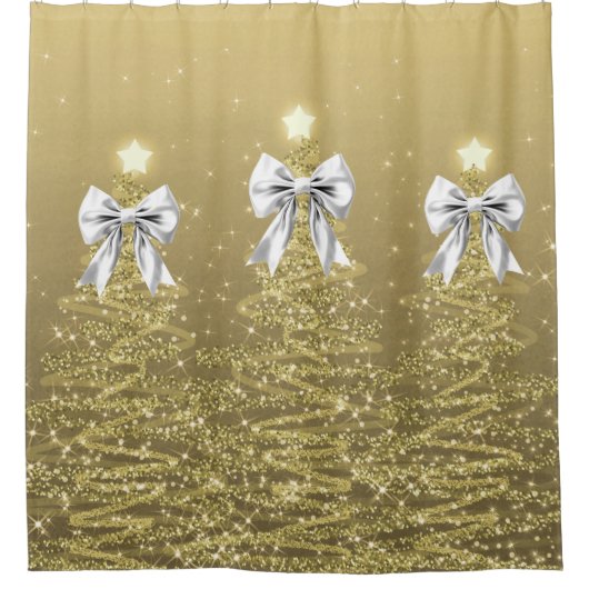 Christmas Sparkling Trees Gold Faux Silver Bow  Douchegordijn (Voorkant)