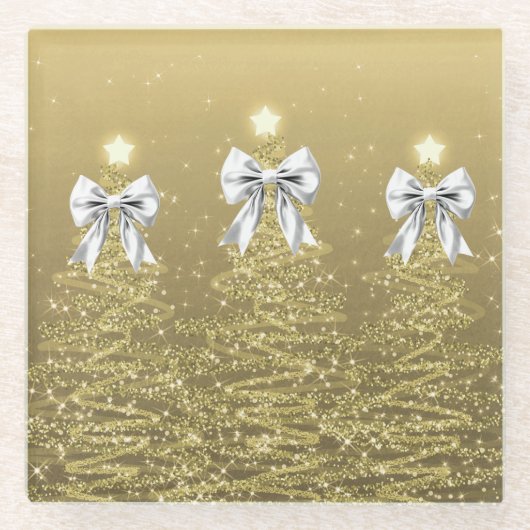 Christmas Sparkling Trees Gold Faux Silver Bow Glazen Onderzetter (Voorkant)