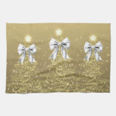 Christmas Sparkling Trees Gold Faux Silver Bow Theedoek (Horizontaal)