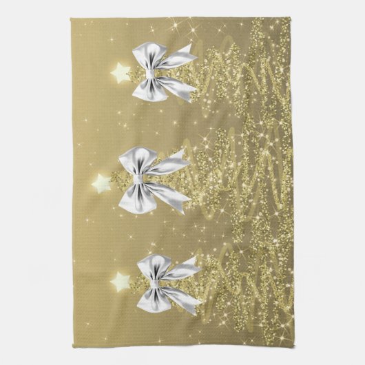 Christmas Sparkling Trees Gold Faux Silver Bow Theedoek (Verticaal)