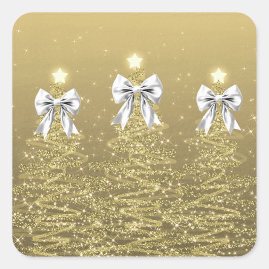Christmas Sparkling Trees Gold Faux Silver Bow Vierkante Sticker (Voorkant)