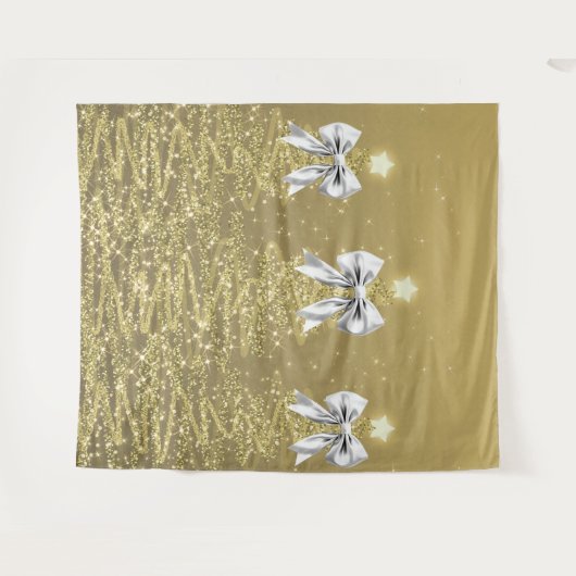 Christmas Sparkling Trees Gold Faux Silver Bow  Wandkleed (Voorkant (horizontaal))