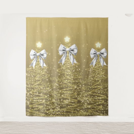 Christmas Sparkling Trees Gold Faux Silver Bow  Wandkleed (Voorkant)