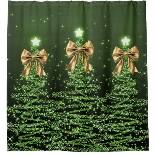 Christmas Sparkling Trees Green Faux Gold Bow  Douchegordijn (Voorkant)