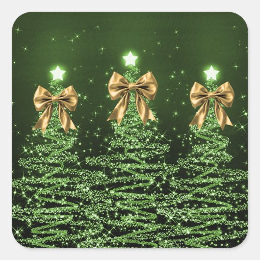 Christmas Sparkling Trees Green Faux Gold Bow  Vierkante Sticker (Voorkant)