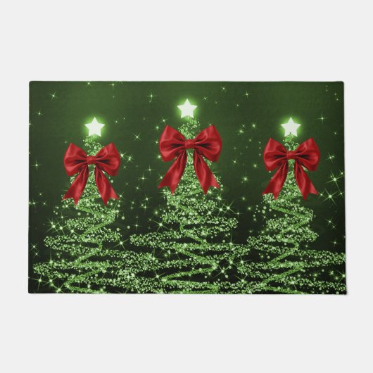 Christmas Sparkling Trees Green Faux Red Bow Deurmat (Voorkant)