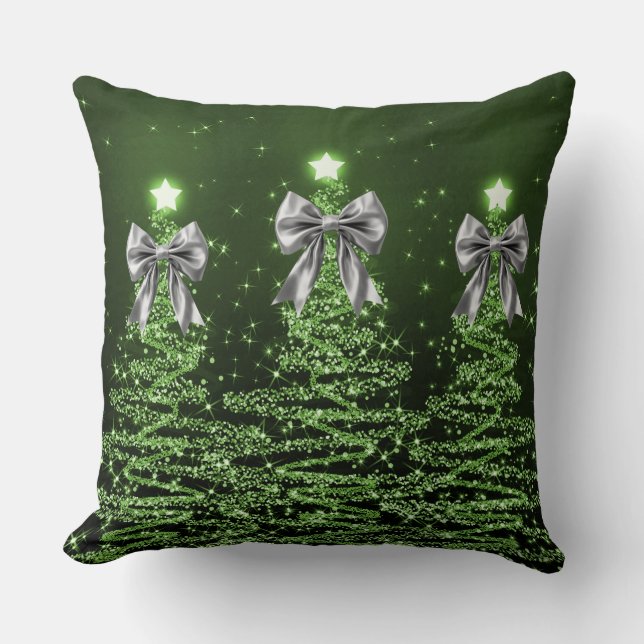 Christmas Sparkling Trees Green Faux Silver Bow  Kussen (Voorkant)