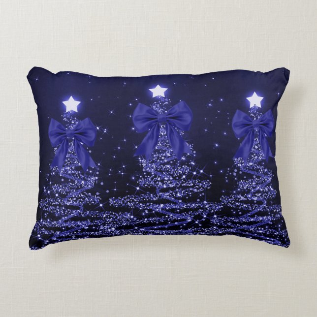 Christmas Sparkling Trees Navy Blue Faux Bow  Accent Kussen (Voorkant)