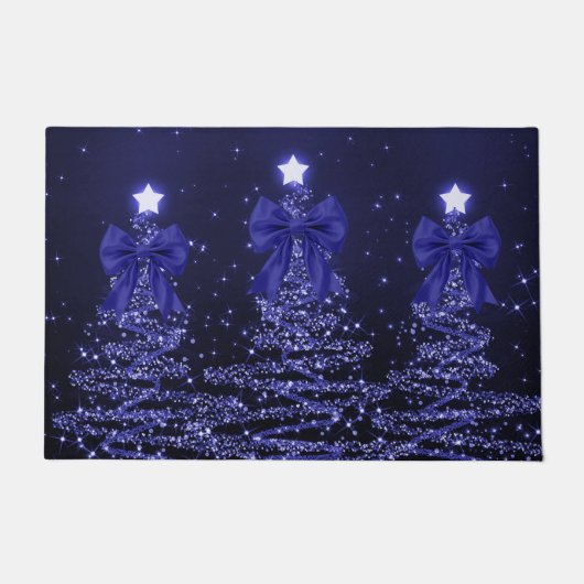 Christmas Sparkling Trees Navy Blue Faux Bow Deurmat (Voorkant)