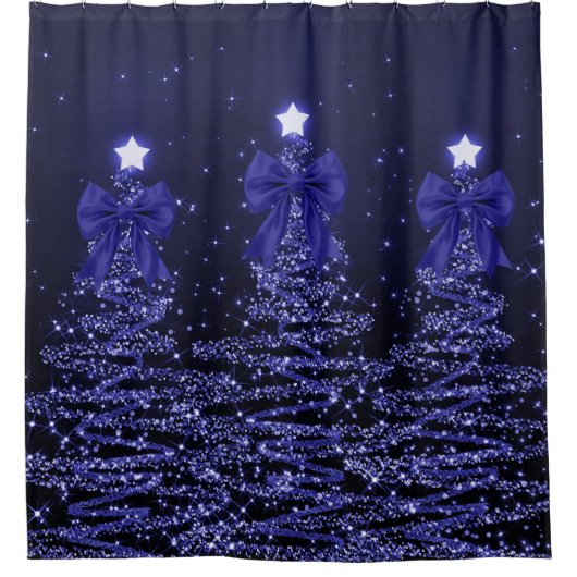 Christmas Sparkling Trees Navy Blue Faux Bow Douchegordijn (Voorkant)