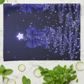 Christmas Sparkling Trees Navy Blue Faux Bow  Theedoek (Gevouwen)