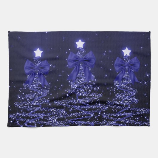 Christmas Sparkling Trees Navy Blue Faux Bow  Theedoek (Horizontaal)