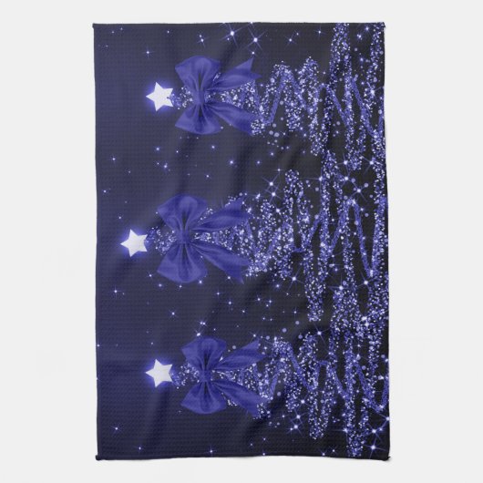 Christmas Sparkling Trees Navy Blue Faux Bow  Theedoek (Verticaal)
