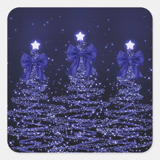 Christmas Sparkling Trees Navy Blue Faux Bow  Vierkante Sticker (Voorkant)