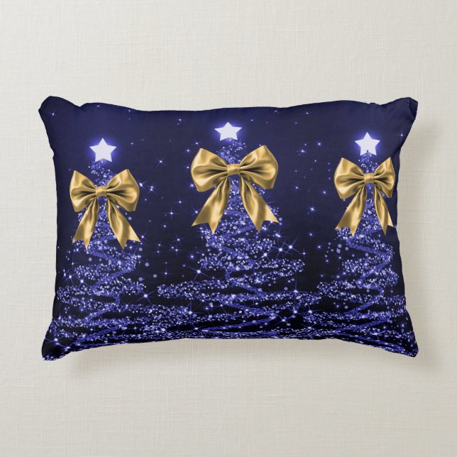 Christmas Sparkling Trees Navy Blue Faux Gold Bow  Accent Kussen (Voorkant)