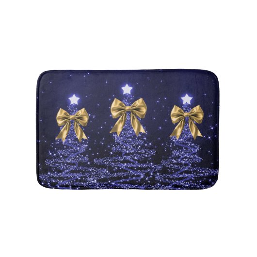 Christmas Sparkling Trees Navy Blue Faux Gold Bow  Badmat (Voorkant)