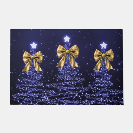 Christmas Sparkling Trees Navy Blue Faux Gold Bow  Deurmat (Voorkant)