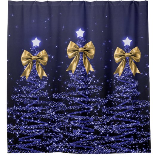 Christmas Sparkling Trees Navy Blue Faux Gold Bow  Douchegordijn (Voorkant)