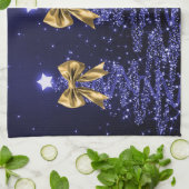 Christmas Sparkling Trees Navy Blue Faux Gold Bow Theedoek (Gevouwen)
