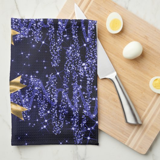 Christmas Sparkling Trees Navy Blue Faux Gold Bow  Theedoek (Quarter Fold)