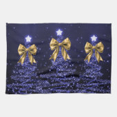 Christmas Sparkling Trees Navy Blue Faux Gold Bow  Theedoek (Horizontaal)