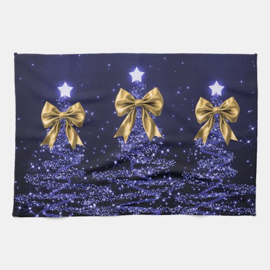Christmas Sparkling Trees Navy Blue Faux Gold Bow Theedoek (Horizontaal)