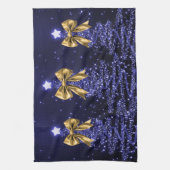 Christmas Sparkling Trees Navy Blue Faux Gold Bow Theedoek (Verticaal)