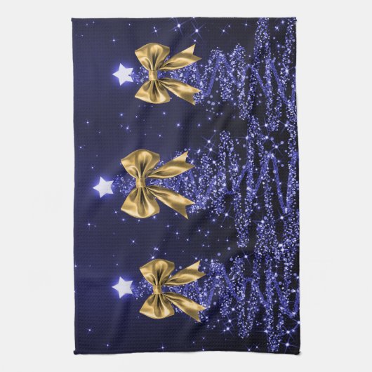 Christmas Sparkling Trees Navy Blue Faux Gold Bow  Theedoek (Verticaal)