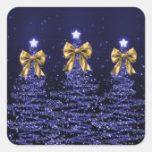 Christmas Sparkling Trees Navy Blue Faux Gold Bow  Vierkante Sticker (Voorkant)
