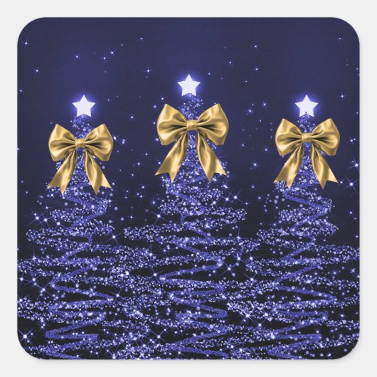Christmas Sparkling Trees Navy Blue Faux Gold Bow  Vierkante Sticker (Voorkant)
