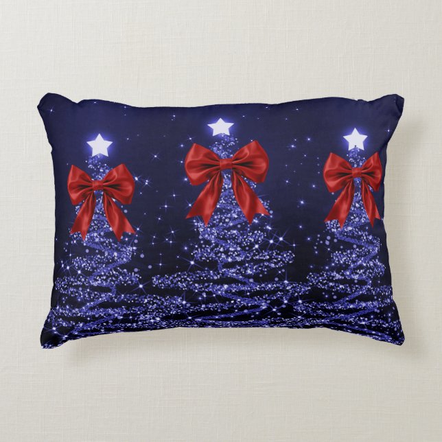 Christmas Sparkling Trees Navy Blue Faux Red Bow  Accent Kussen (Voorkant)