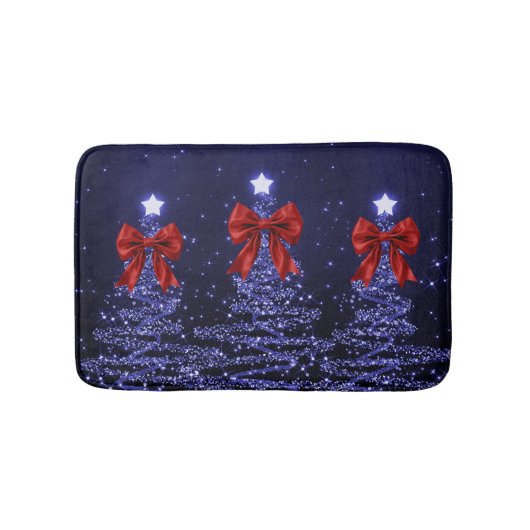 Christmas Sparkling Trees Navy Blue Faux Red Bow  Badmat (Voorkant)