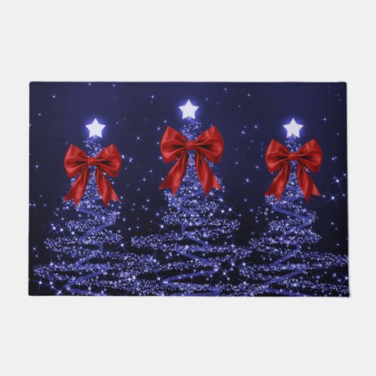 Christmas Sparkling Trees Navy Blue Faux Red Bow  Deurmat (Voorkant)