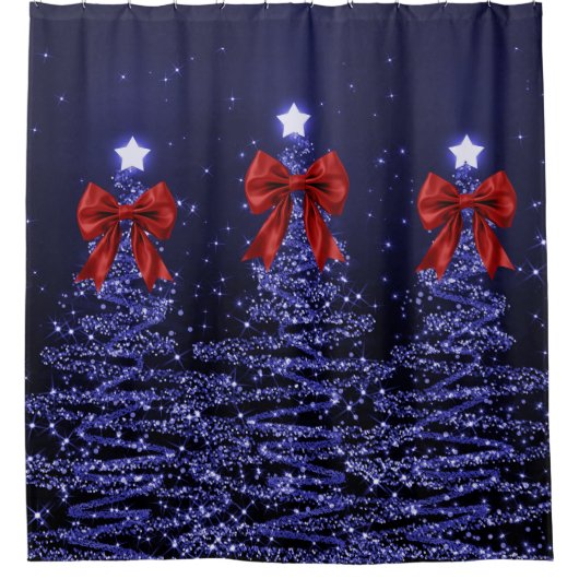 Christmas Sparkling Trees Navy Blue Faux Red Bow Douchegordijn (Voorkant)
