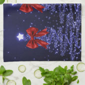 Christmas Sparkling Trees Navy Blue Faux Red Bow  Theedoek (Gevouwen)