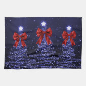 Christmas Sparkling Trees Navy Blue Faux Red Bow  Theedoek (Horizontaal)