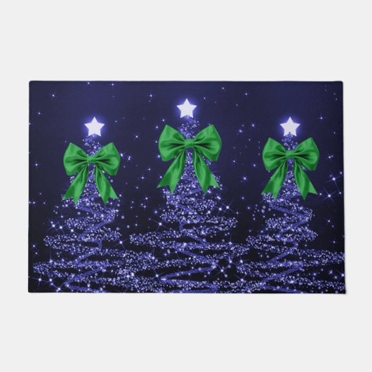 Christmas Sparkling Trees Navy Blue Green Bow  Deurmat (Voorkant)