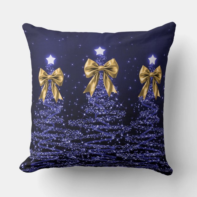 Christmas Sparkling Trees Navy Faux Gold Bow  Kussen (Voorkant)