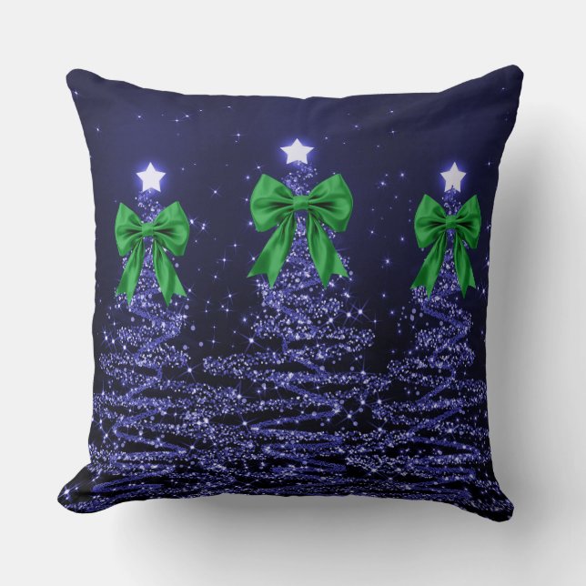 Christmas Sparkling Trees Navy Faux Green Bow  Kussen (Voorkant)