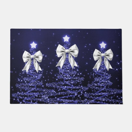 Christmas Sparkling Trees Navy Faux Silver Bow Deurmat (Voorkant)