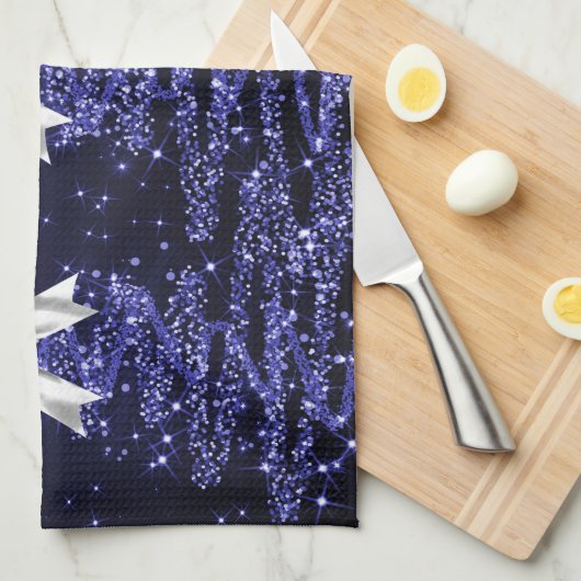 Christmas Sparkling Trees Navy Faux Silver Bow Theedoek (Quarter Fold)