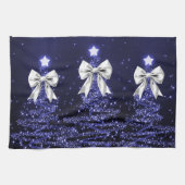 Christmas Sparkling Trees Navy Faux Silver Bow  Theedoek (Horizontaal)