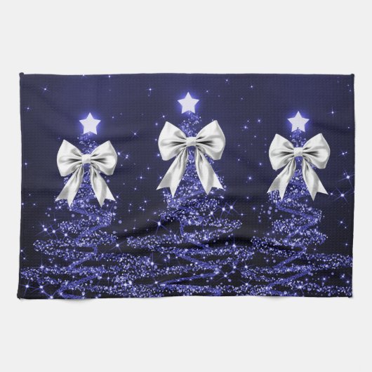 Christmas Sparkling Trees Navy Faux Silver Bow  Theedoek (Horizontaal)