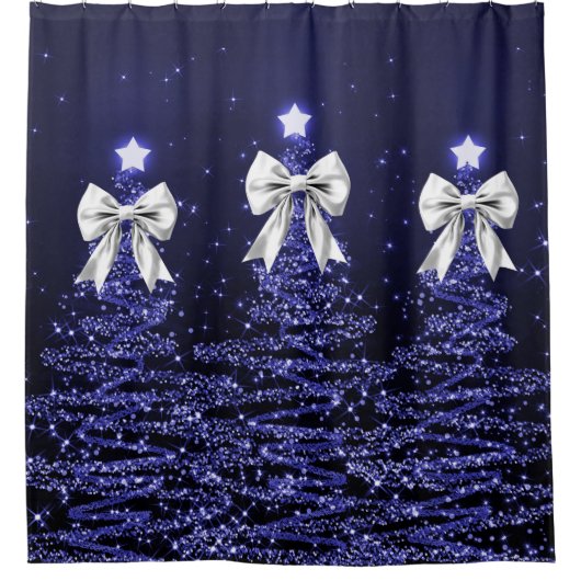 Christmas Sparkling Trees Navy Silver Faux Bow  Douchegordijn (Voorkant)