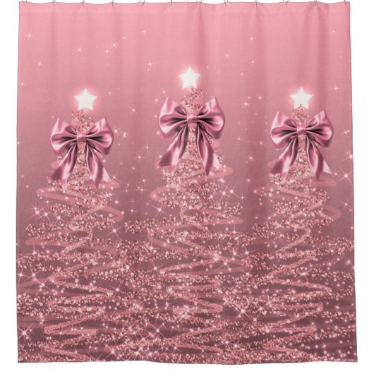 Christmas Sparkling Trees Pink Blush Faux Bow  Douchegordijn (Voorkant)