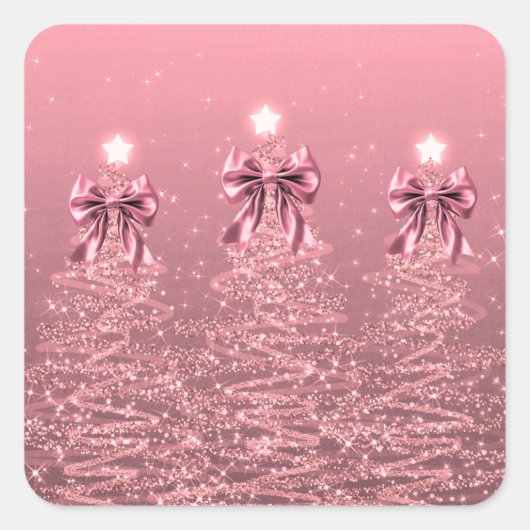 Christmas Sparkling Trees Pink Blush Faux Bow  Vierkante Sticker (Voorkant)
