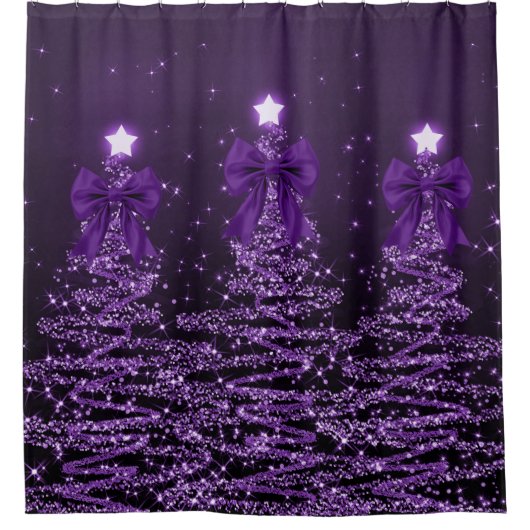 Christmas Sparkling Trees Purple Faux Bow Douchegordijn (Voorkant)