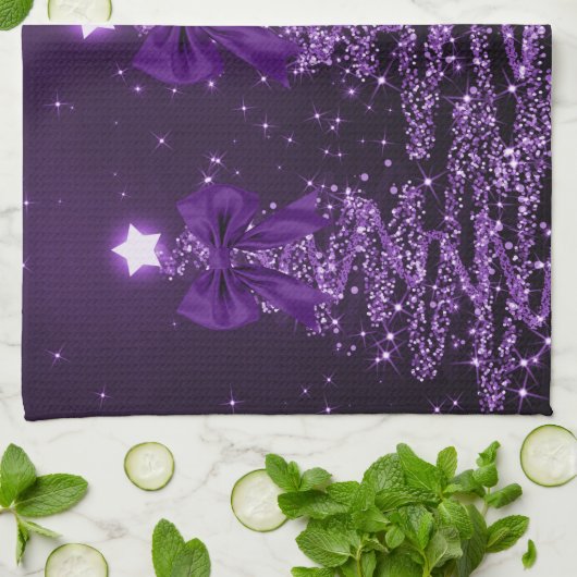 Christmas Sparkling Trees Purple Faux Bow  Theedoek (Gevouwen)
