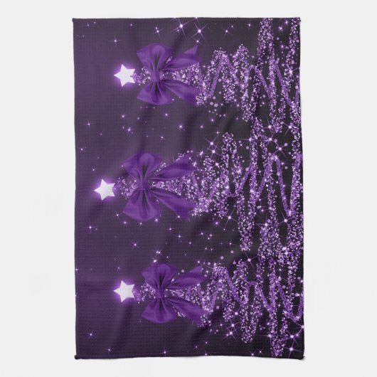 Christmas Sparkling Trees Purple Faux Bow  Theedoek (Verticaal)